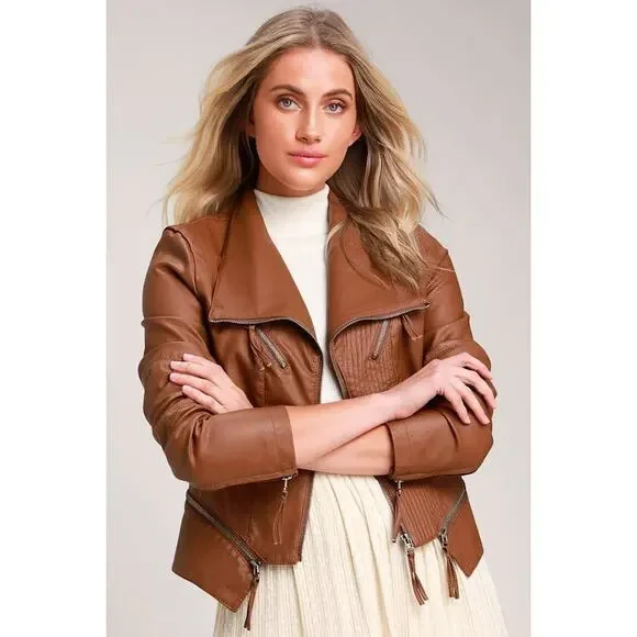 Lulus Up On A Tuesday Camel Vegan Leather Jacket Brown - Size XL - Picture 1 of 9